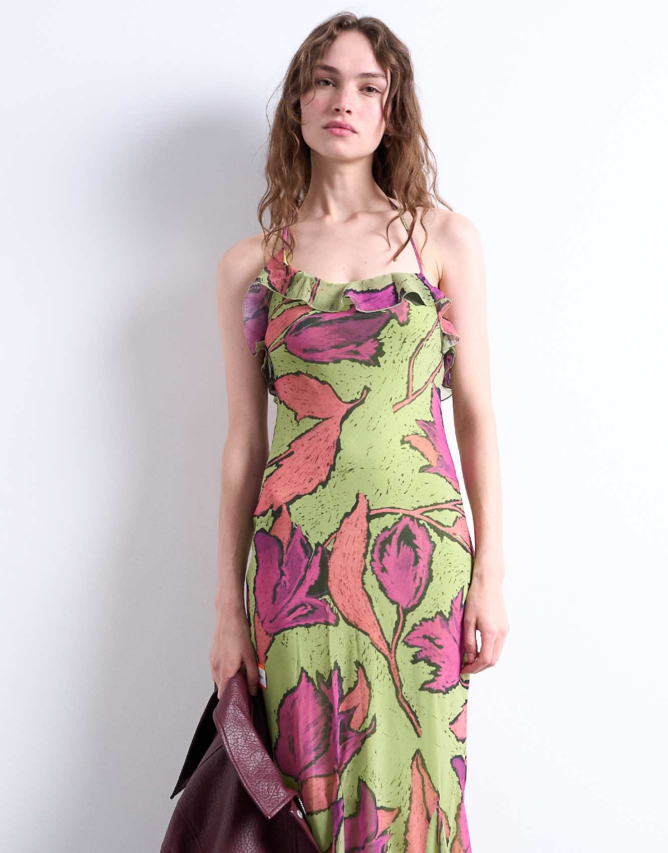 topshop green floral midi dress godet hem occasion in pink and print DRS27978