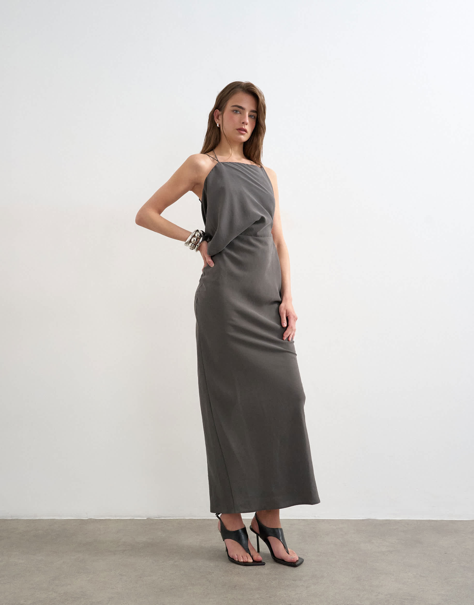 Topshop asymmetric ruched side maxi dress in grey