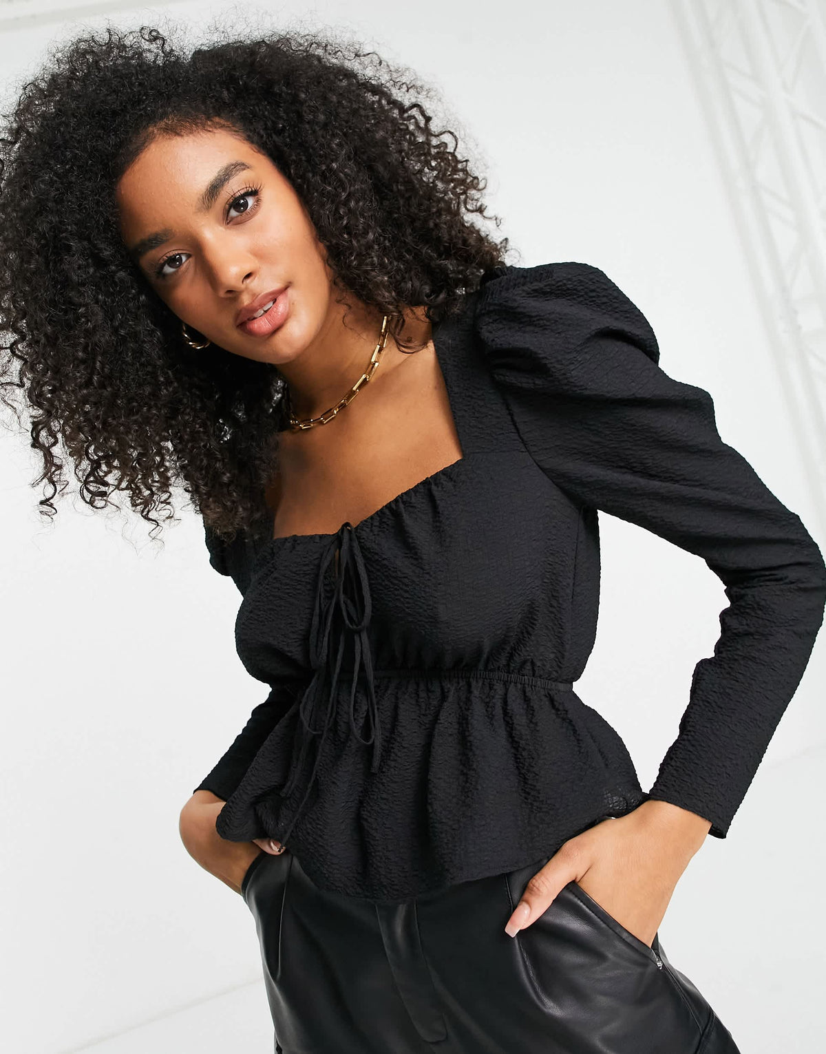 Topshop puff sleeve tie front textured top in black 