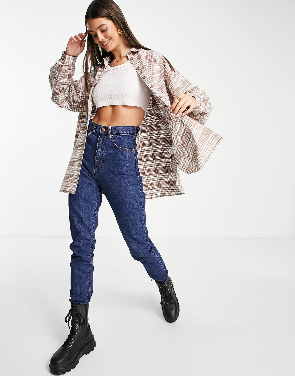Topshop tall check raglan sleeve shirt in multi