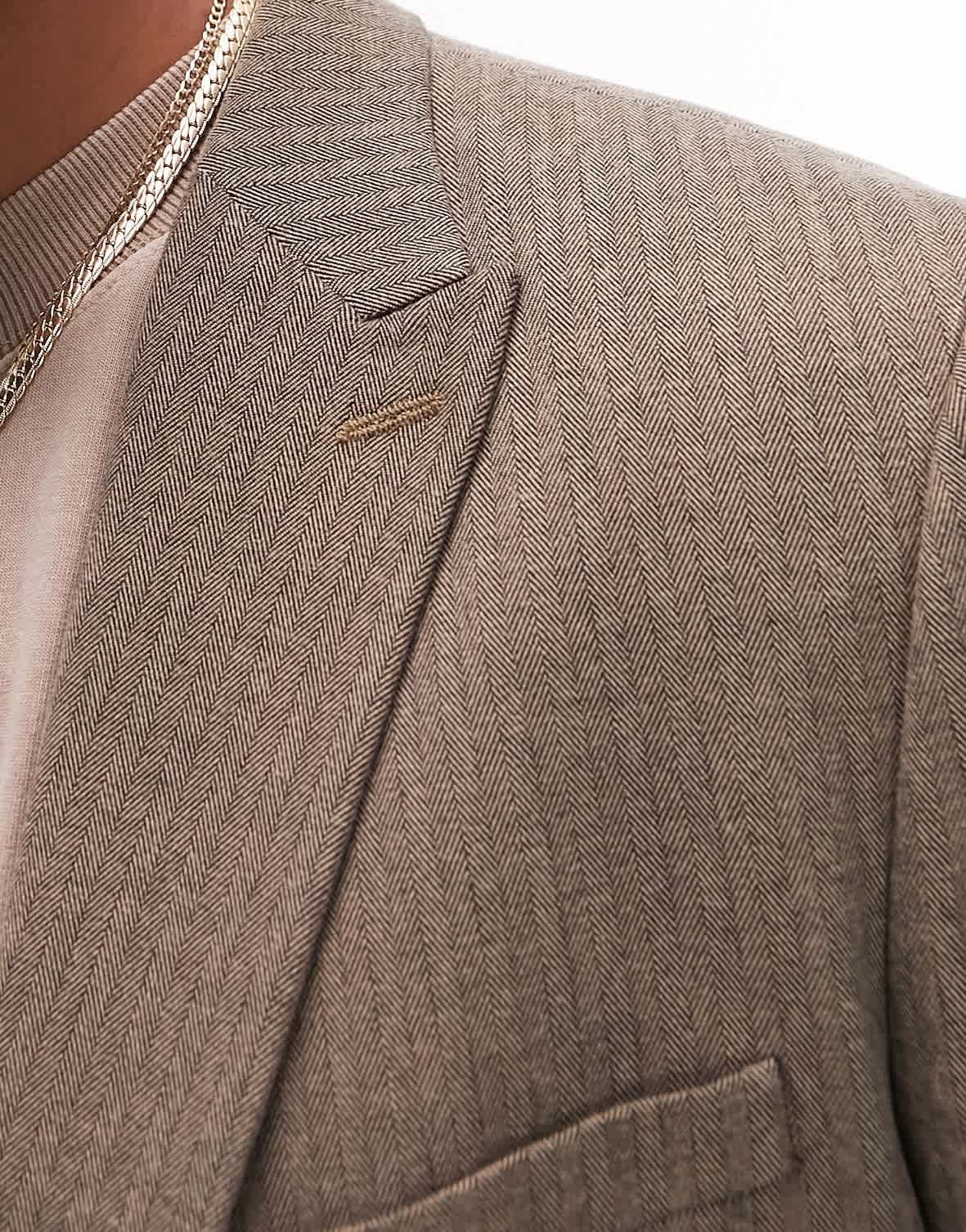 Topman super skinny herringbone double breasted suit jacket in brown