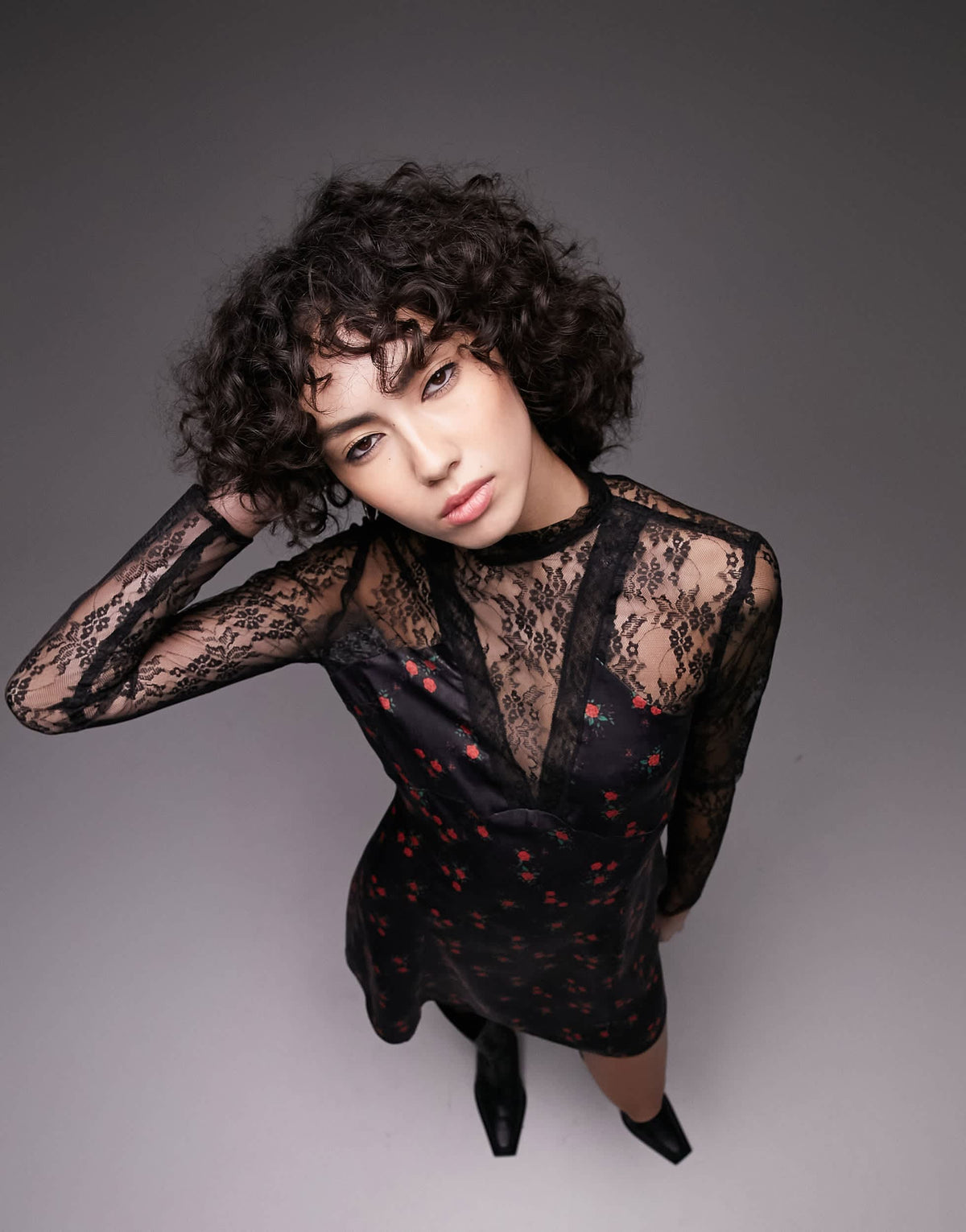 Topshop Tall lace and print mix mini dress in multi