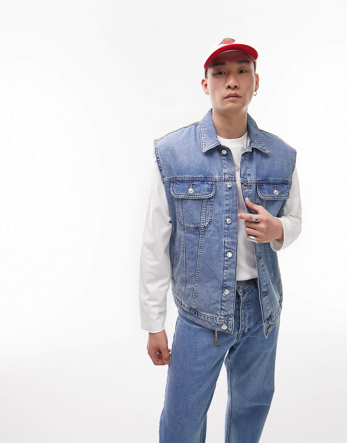 Topman oversized sleeveless denim jacket with palermo back embroidery in blue