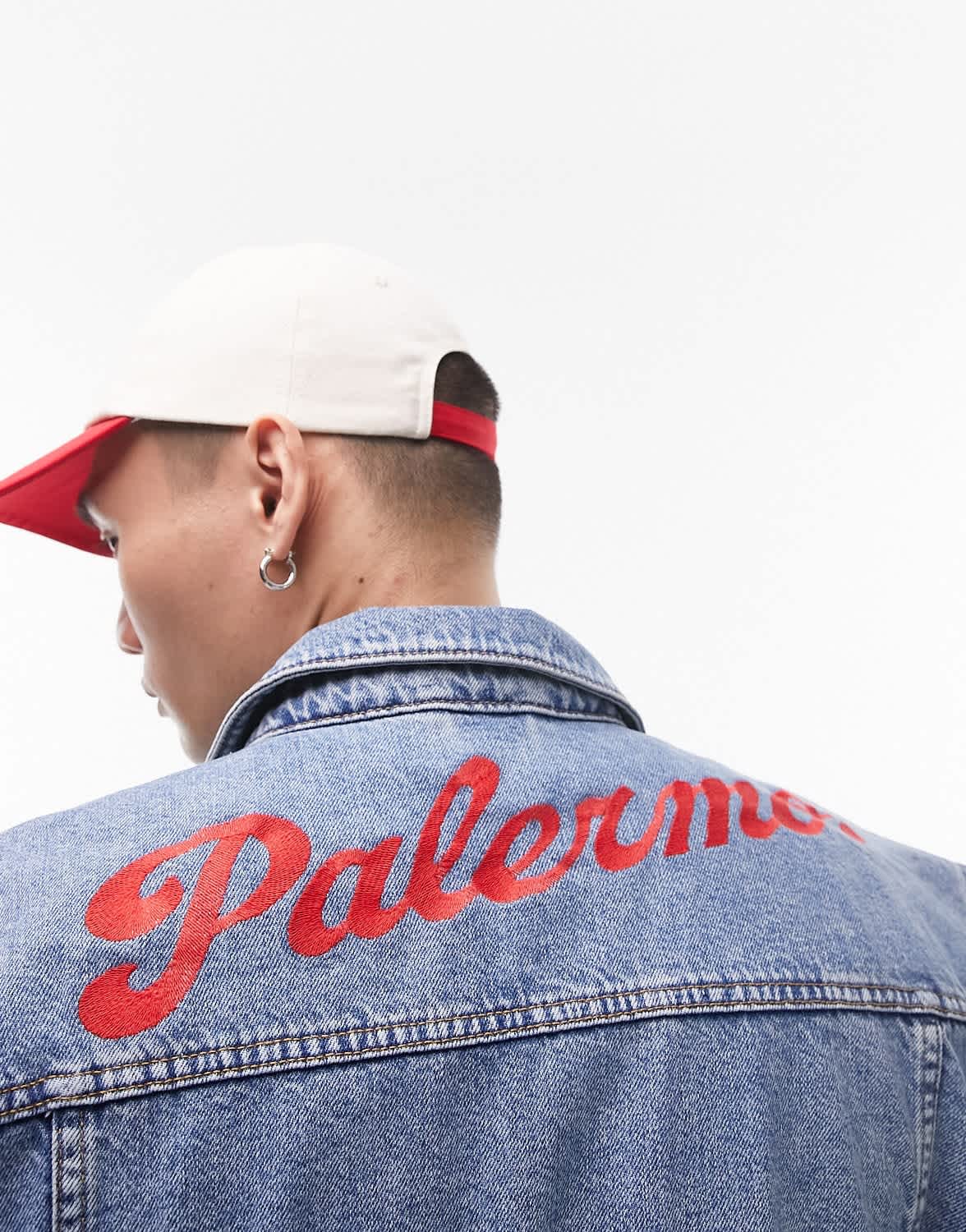 Topman oversized sleeveless denim jacket with palermo back embroidery in blue