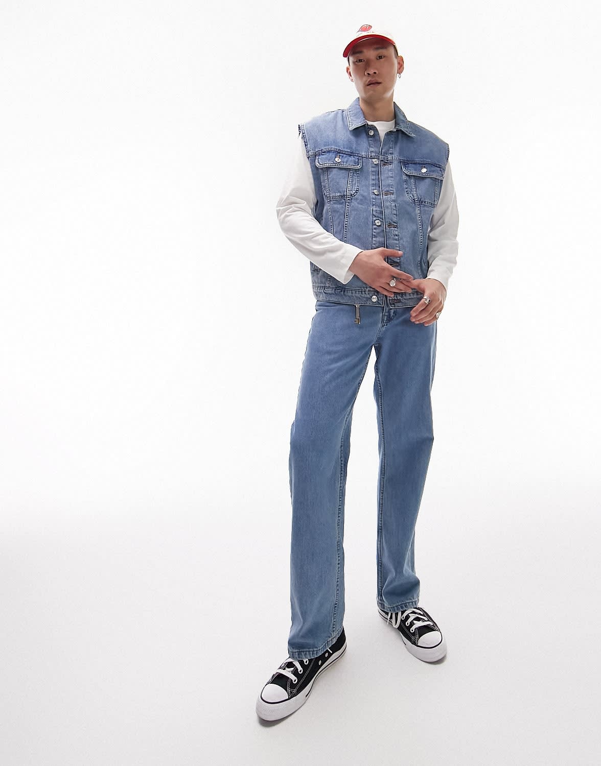 Topman oversized sleeveless denim jacket with palermo back embroidery in blue