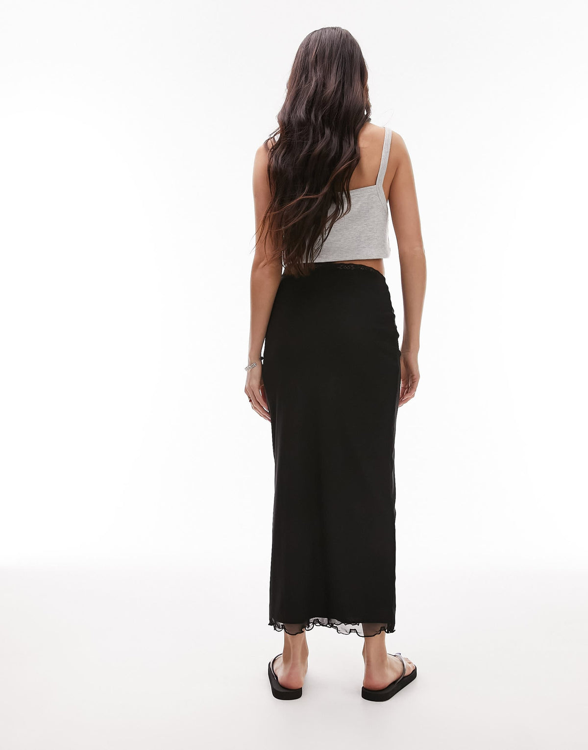 Topshop mesh lace trim midi skirt in black