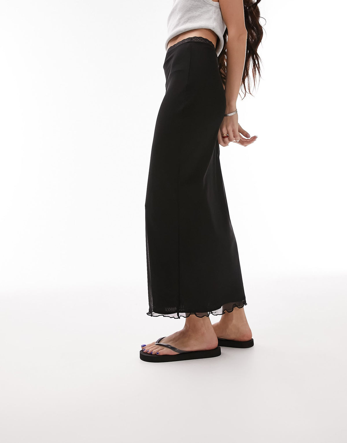 Topshop mesh lace trim midi skirt in black