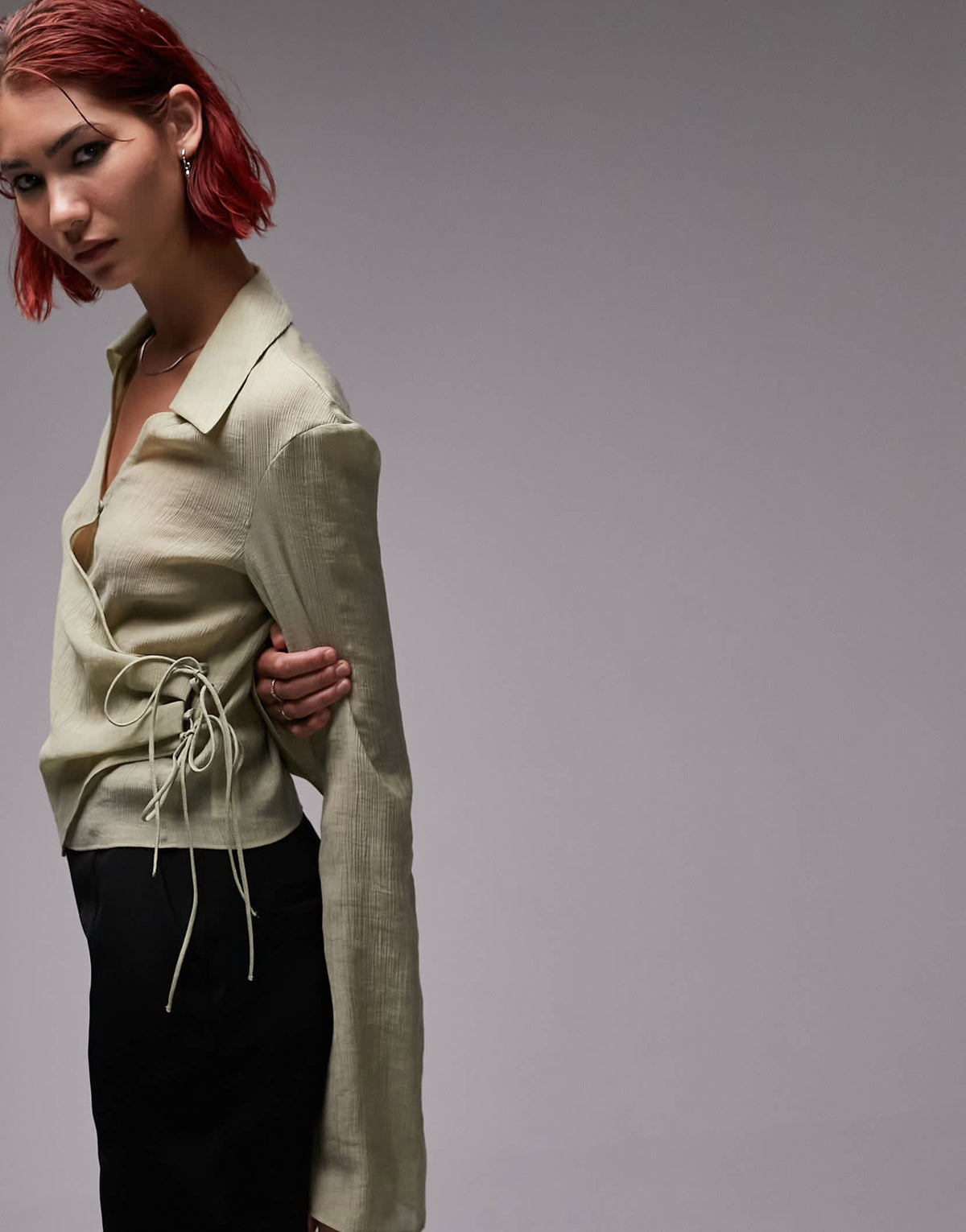 Topshop Tall button front wrap top in khaki