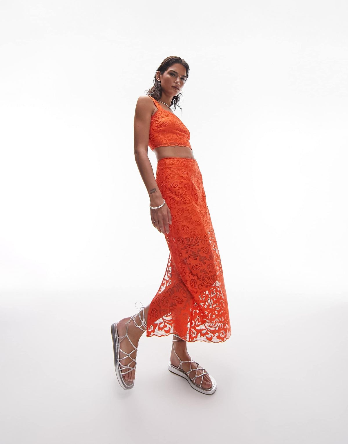 Topshop co-ord lace detail cropped top in orange