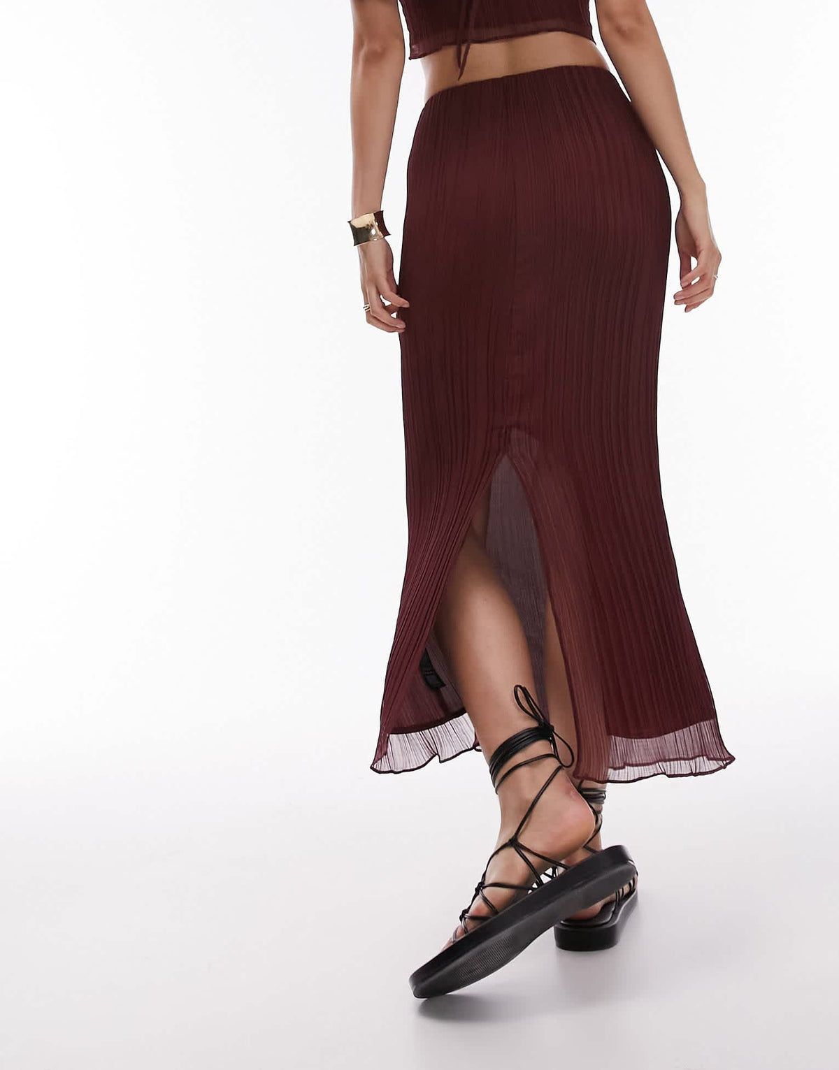 Topshop co-ord plisse straight midi skirt in maroon