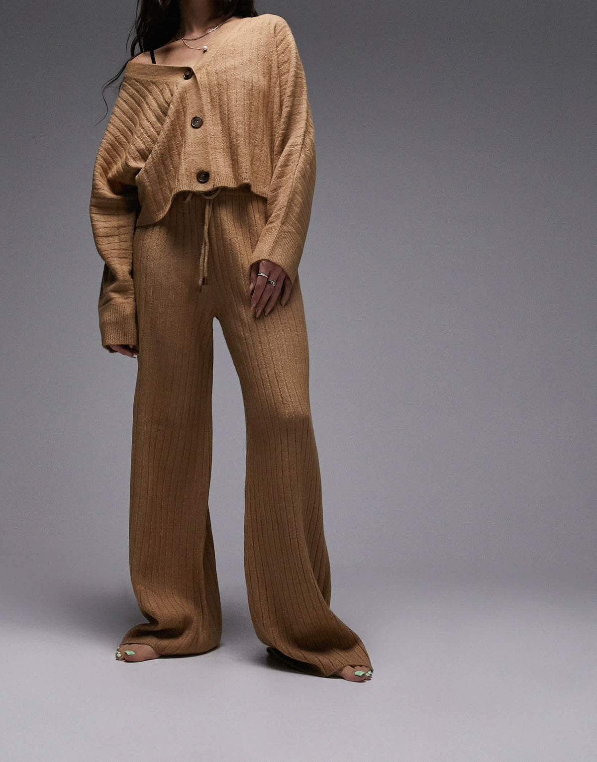 Topshop knitted loungewear rib cardigan and wide leg trouser set in camel