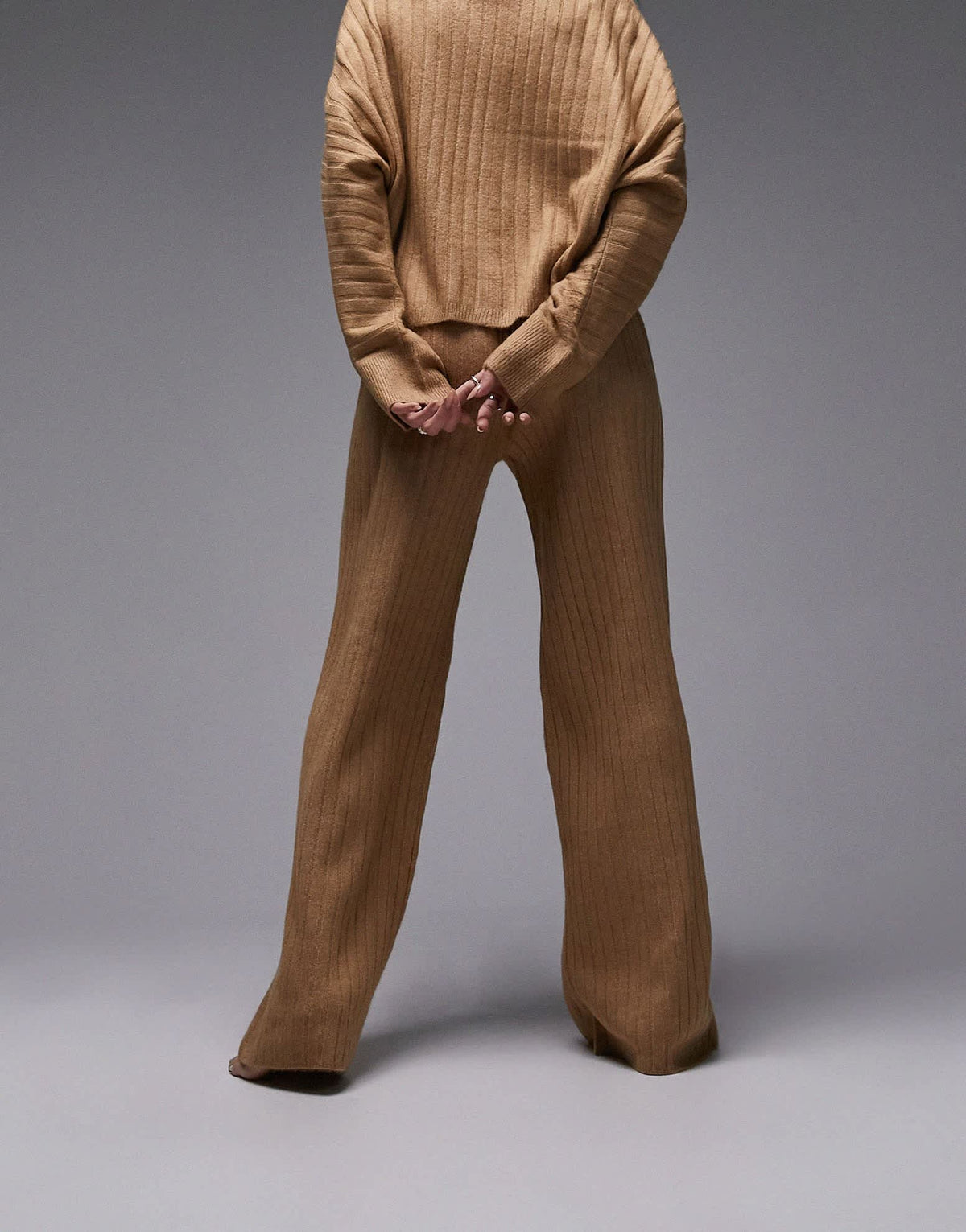 Topshop knitted loungewear rib cardigan and wide leg trouser set in camel