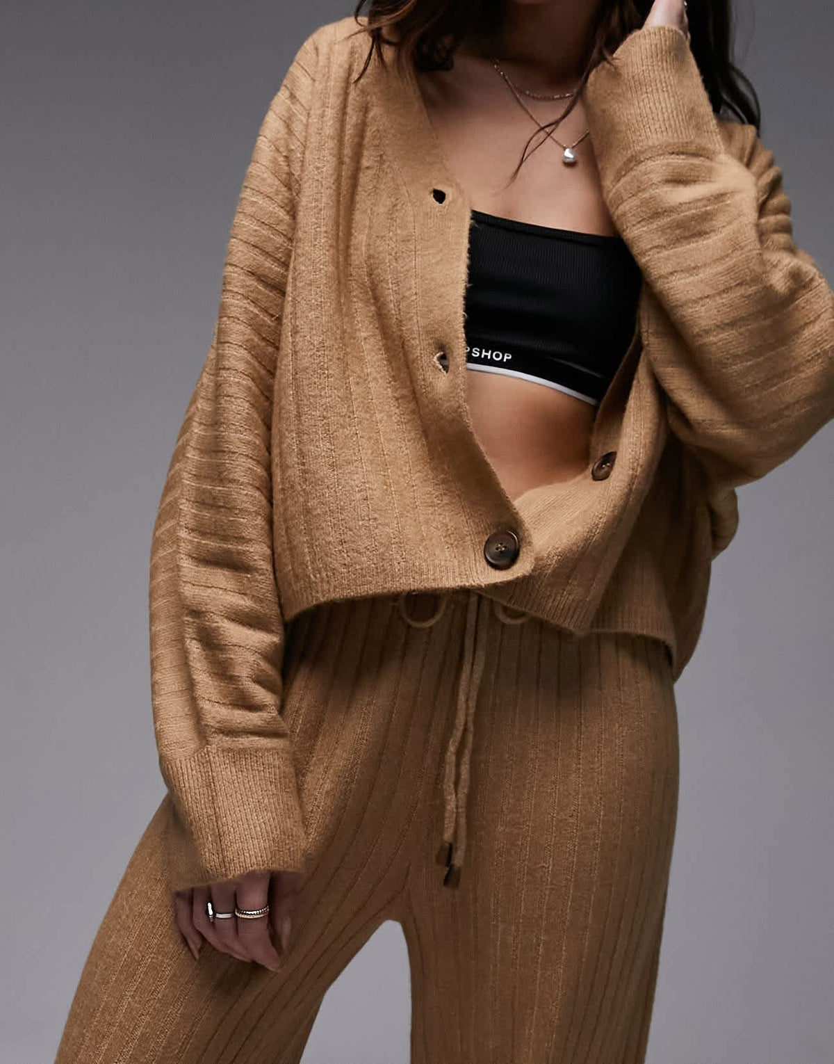 Topshop knitted loungewear rib cardigan and wide leg trouser set in camel