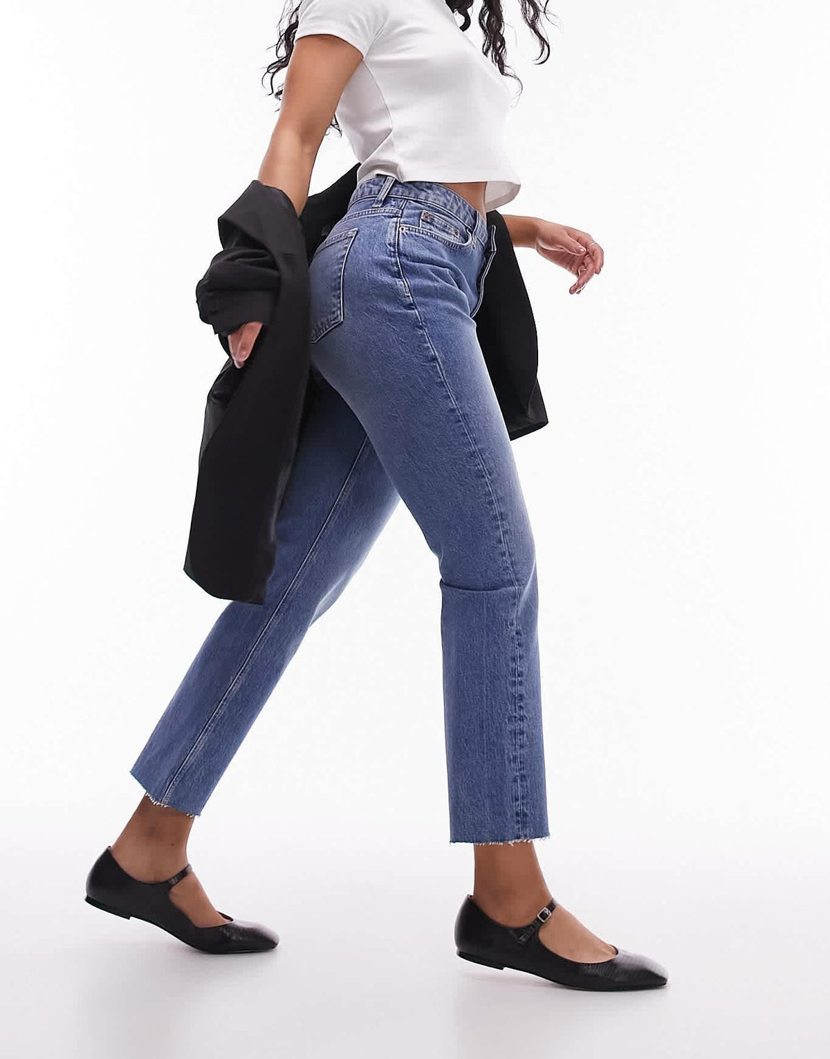 Topshop Hourglass mid rise straight cropped jean with raw hems in mid blue