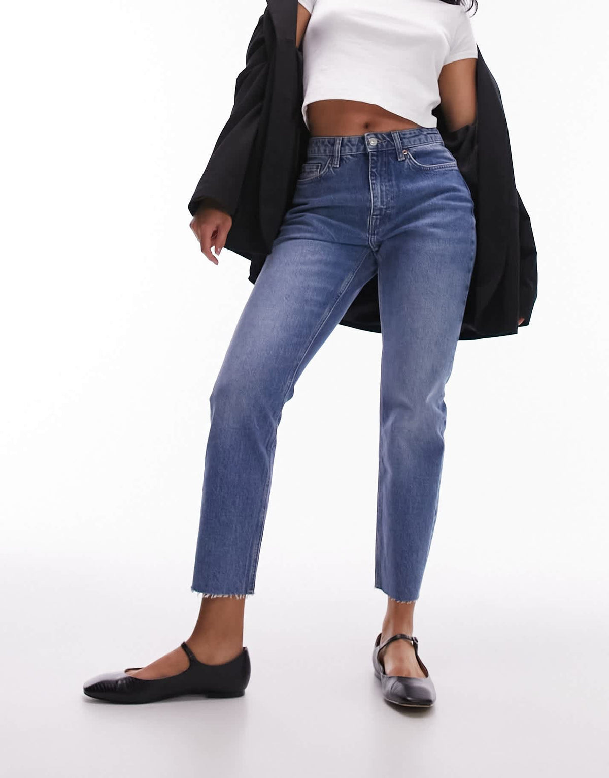 Topshop Hourglass mid rise straight cropped jean with raw hems in mid blue