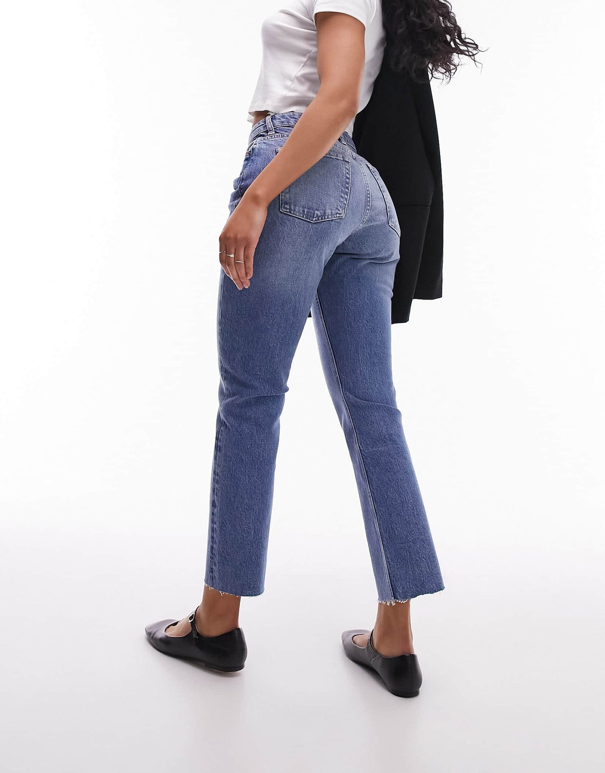 Topshop Hourglass mid rise straight cropped jean with raw hems in mid blue