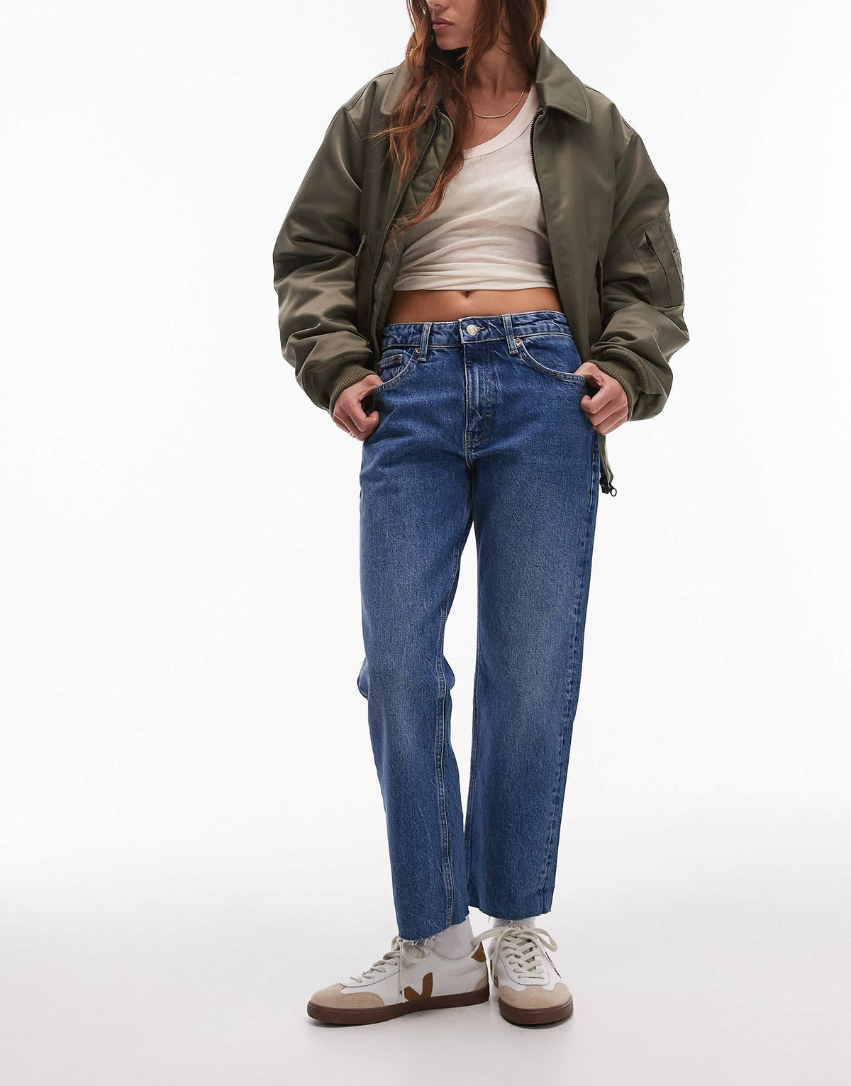 Topshop mid rise straight cropped jean with raw hems in mid blue  