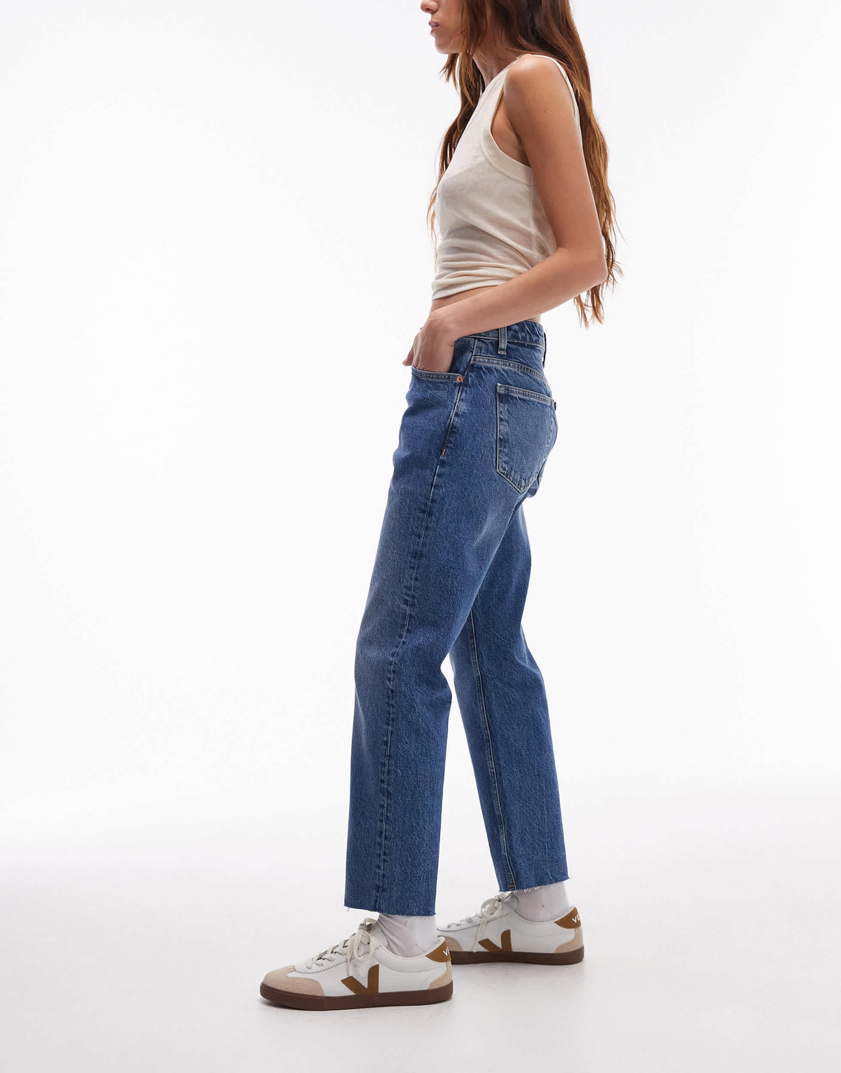 Topshop mid rise straight cropped jean with raw hems in mid blue  