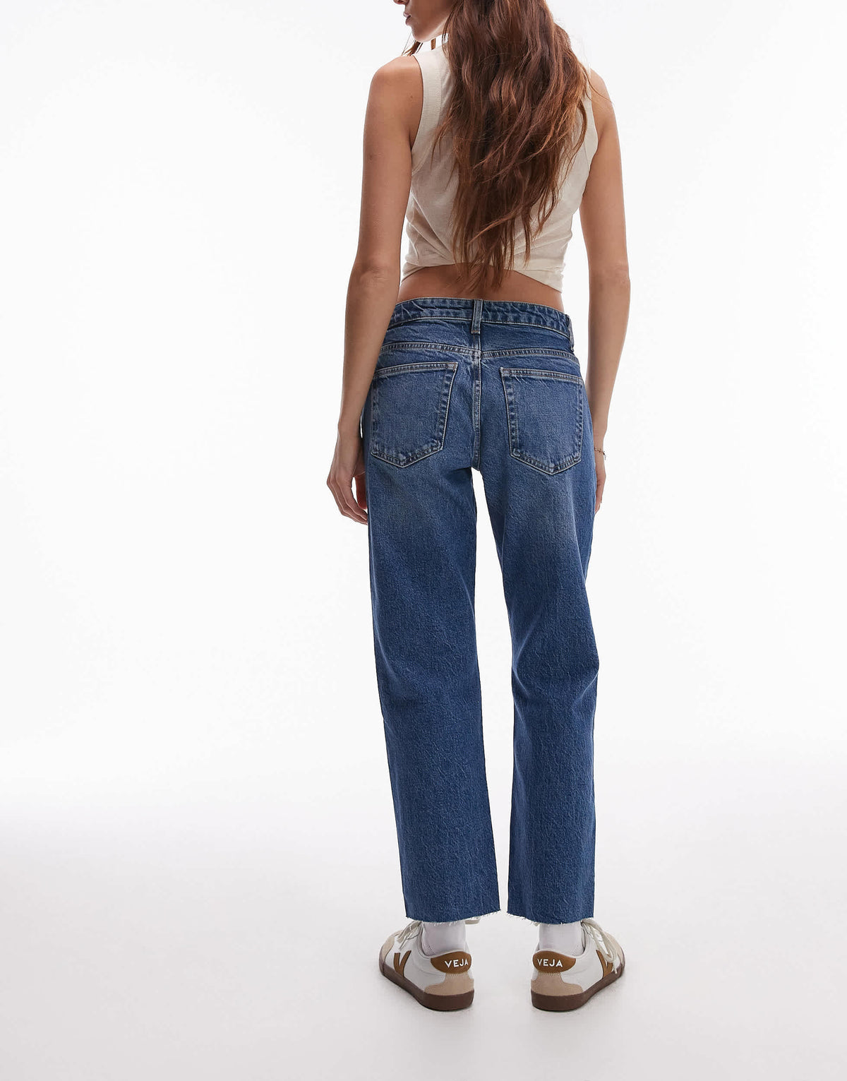 Topshop mid rise straight cropped jean with raw hems in mid blue  