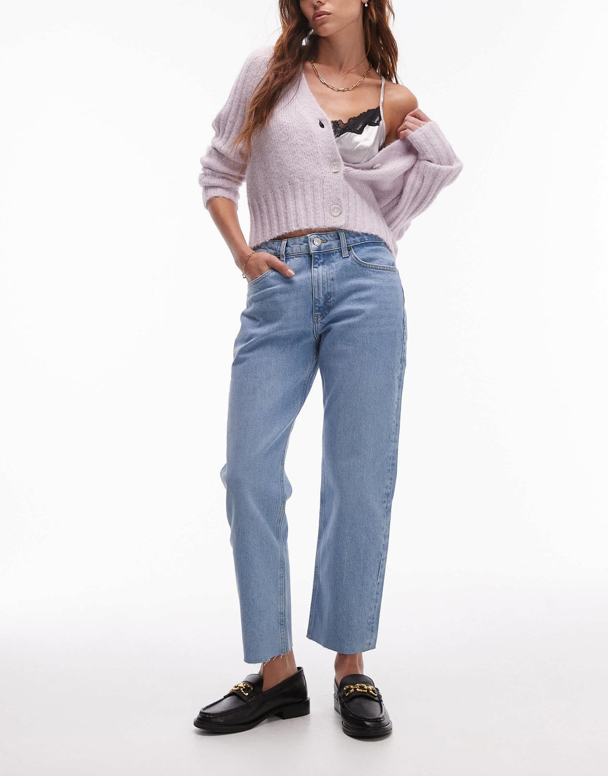Topshop mid rise straight cropped jean with raw hems in bleach