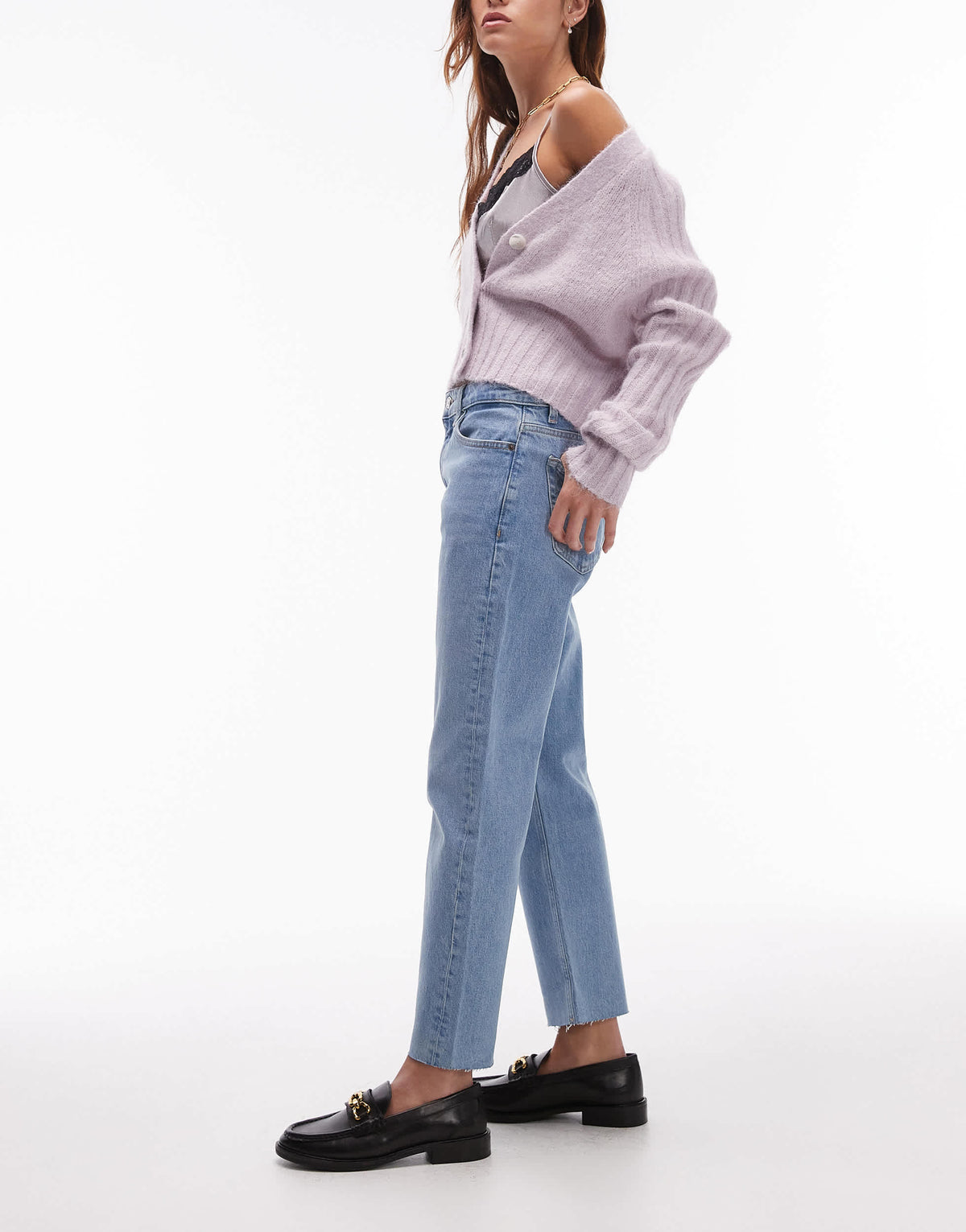Topshop mid rise straight cropped jean with raw hems in bleach