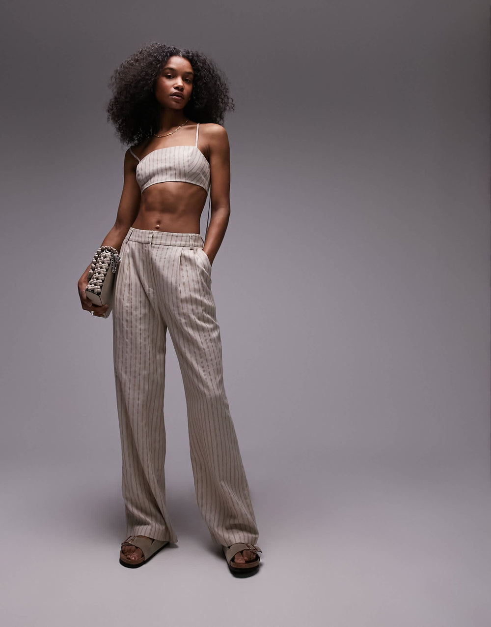 Pantalon en lin à rayures Topshop écru