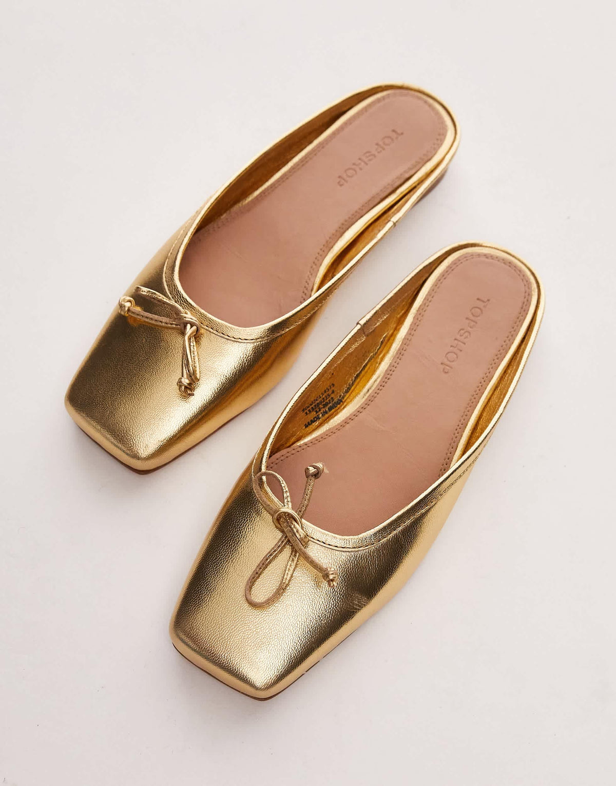 Topshop Bali leather square toe ballet mules in gold