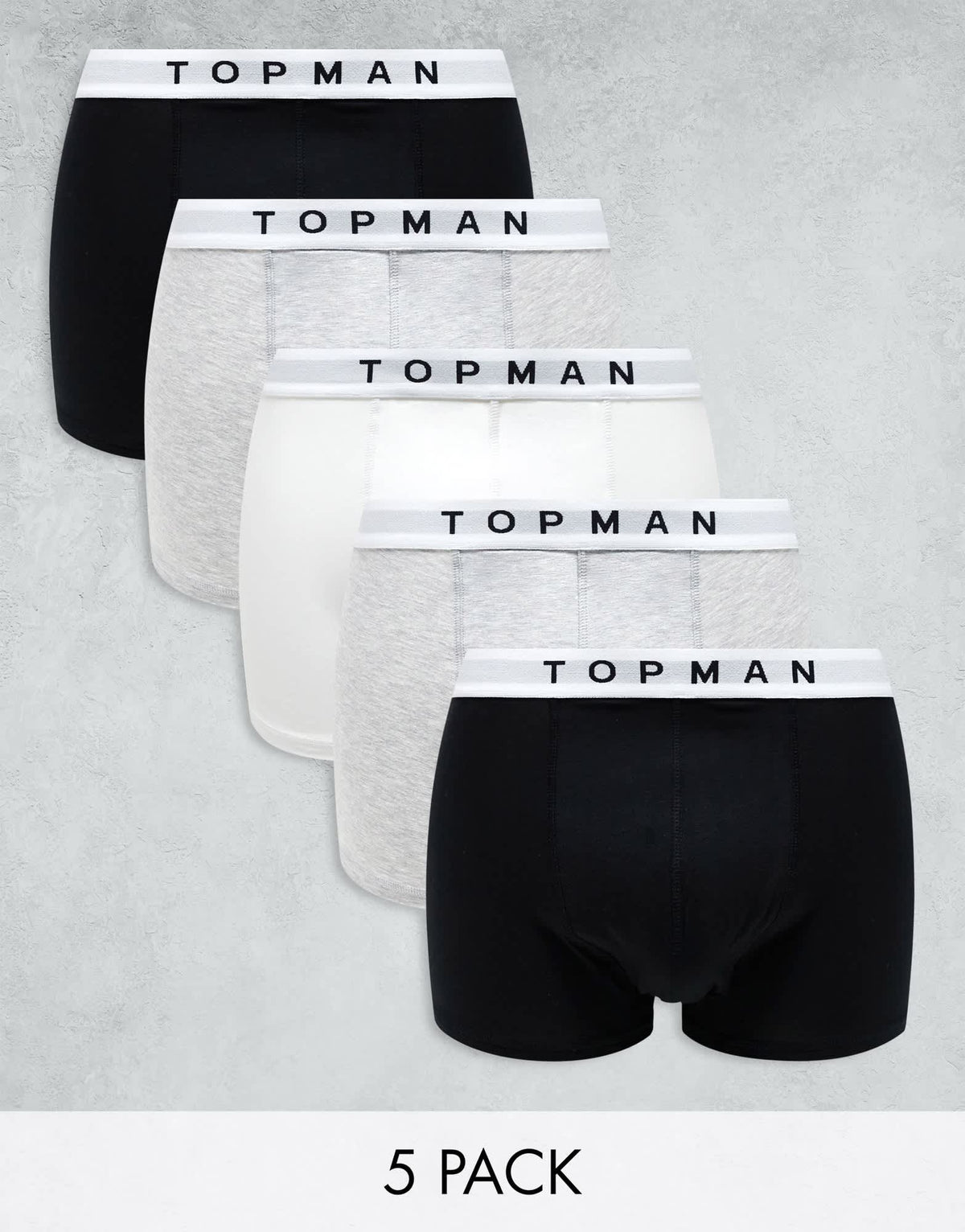 Topman 5 pack trunks in black, grey marl and white with white waistbands