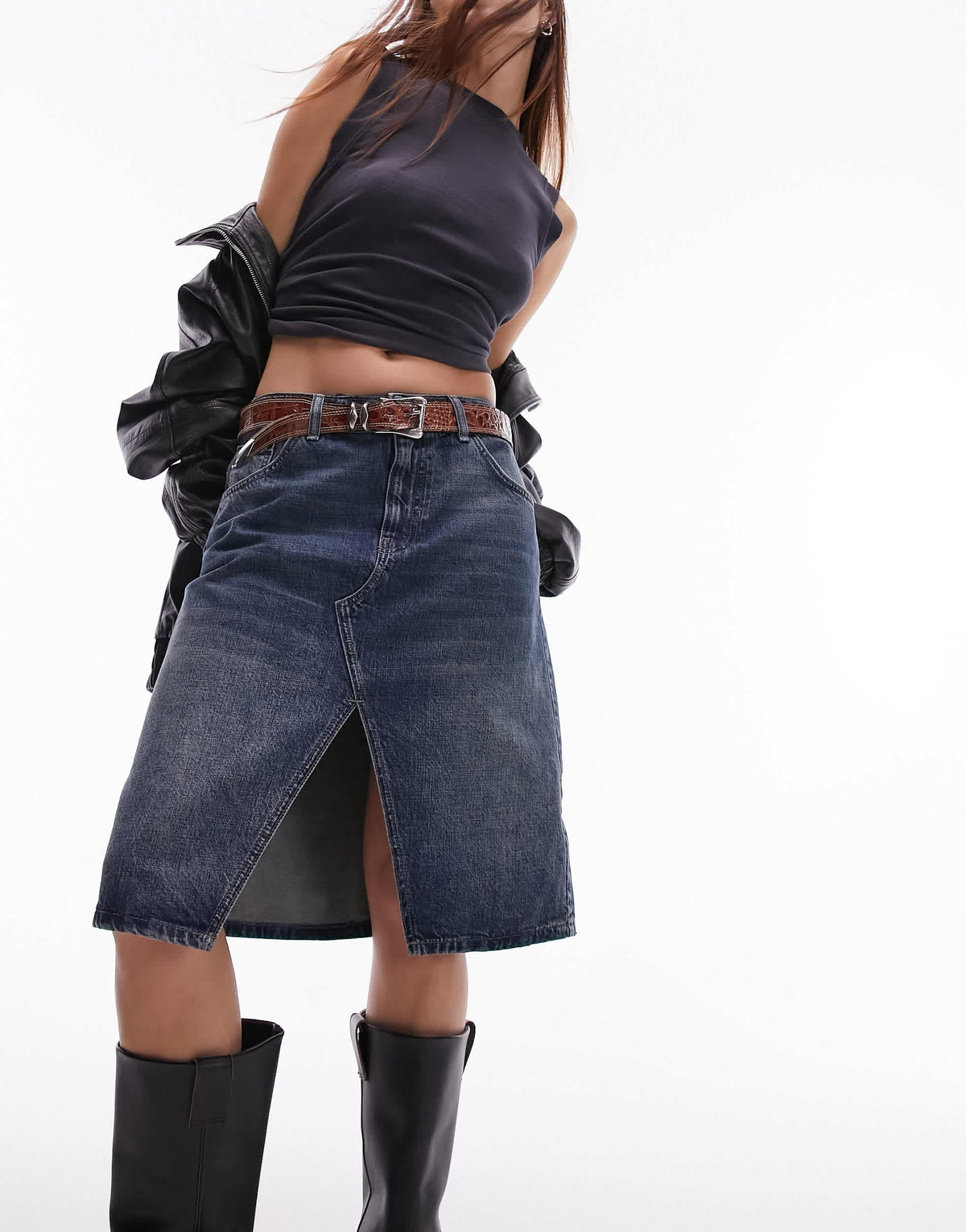 Topshop awkward length skirt with front split in dirty green