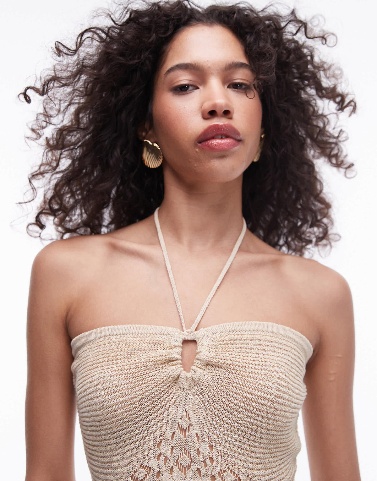 Topshop knitted bandeau stitch detail dress in gold