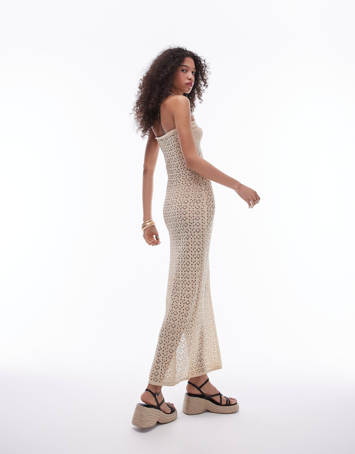 Topshop knitted bandeau stitch detail dress in gold