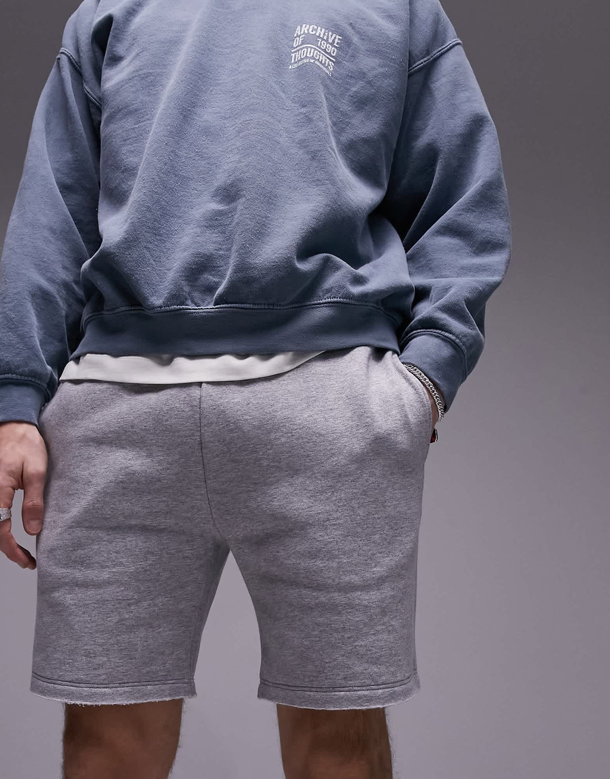 Topman classic fit jersey short with raw hem in grey marl