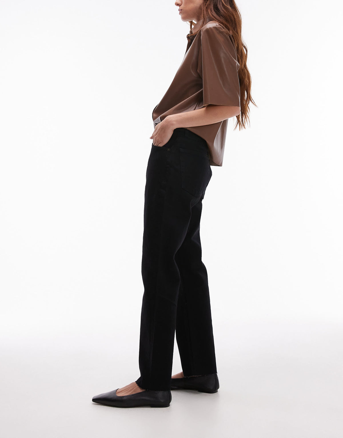 Topshop mid rise straight cropped jean with raw hems in black