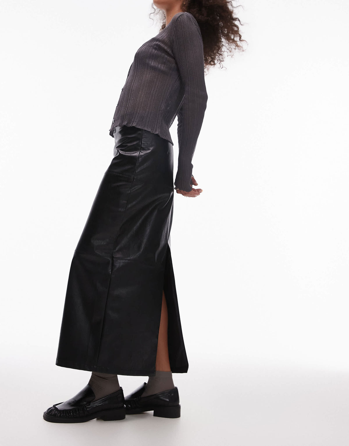 Topshop faux leather clean panel midi skirt in black 