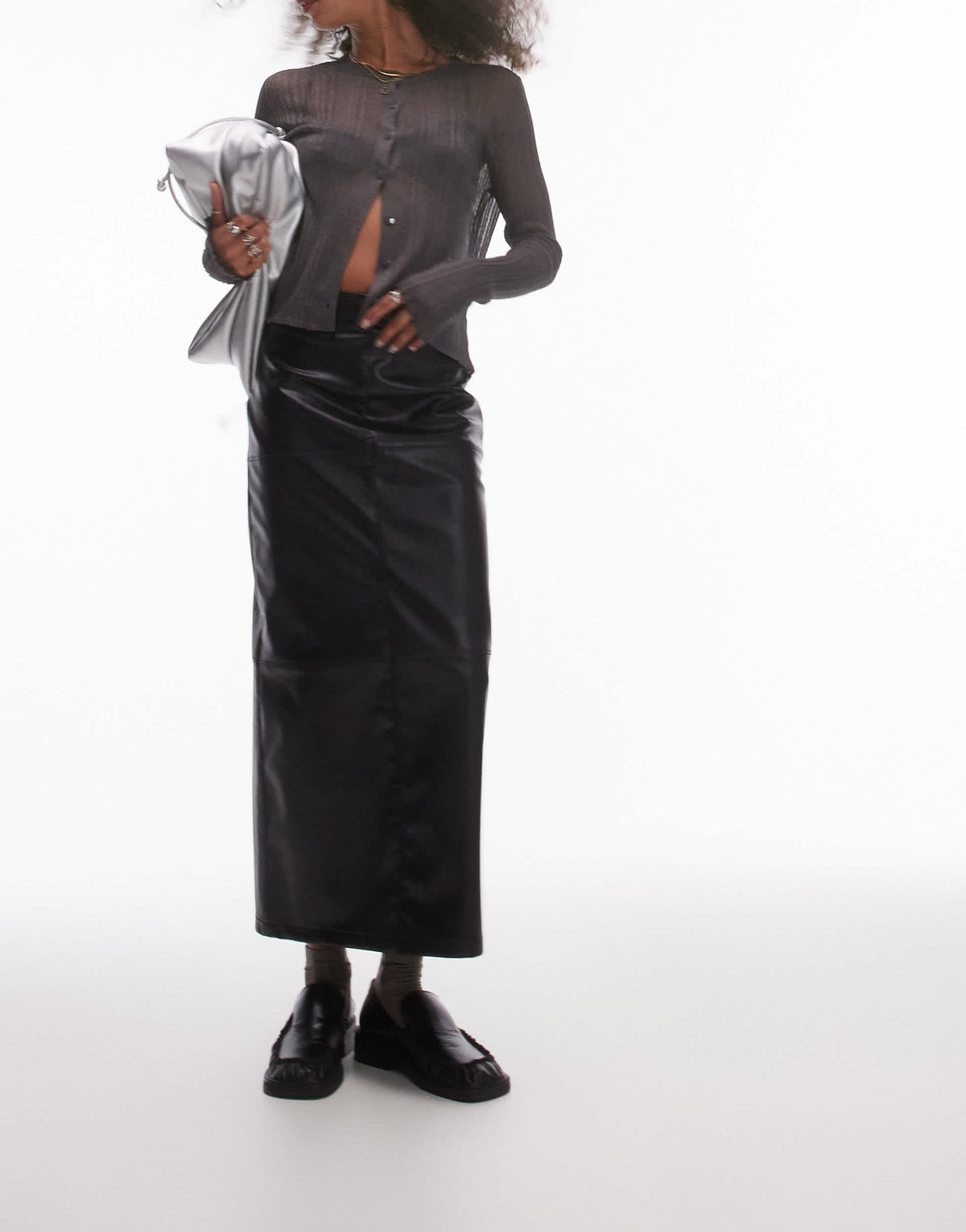 Topshop faux leather clean panel midi skirt in black 