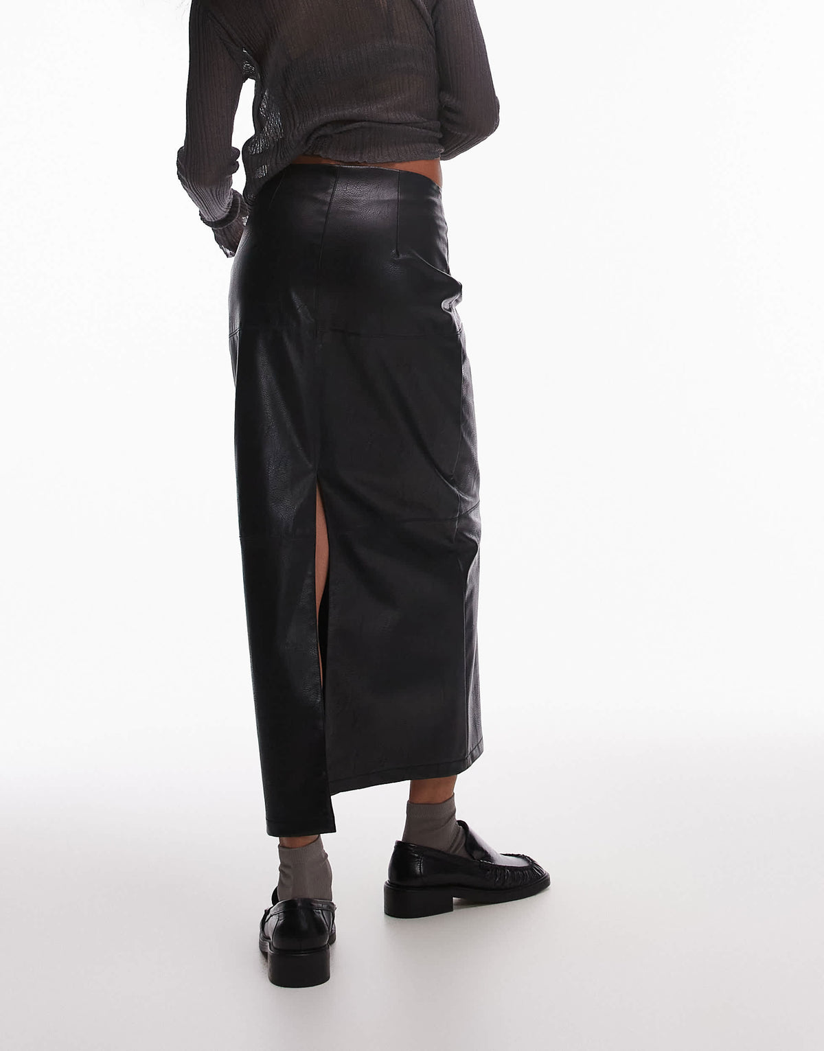 Topshop faux leather clean panel midi skirt in black 