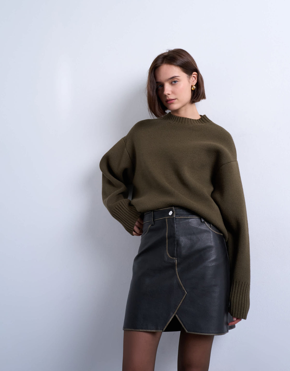 Topshop faux leather denim style v front mini skirt in washed dark brown