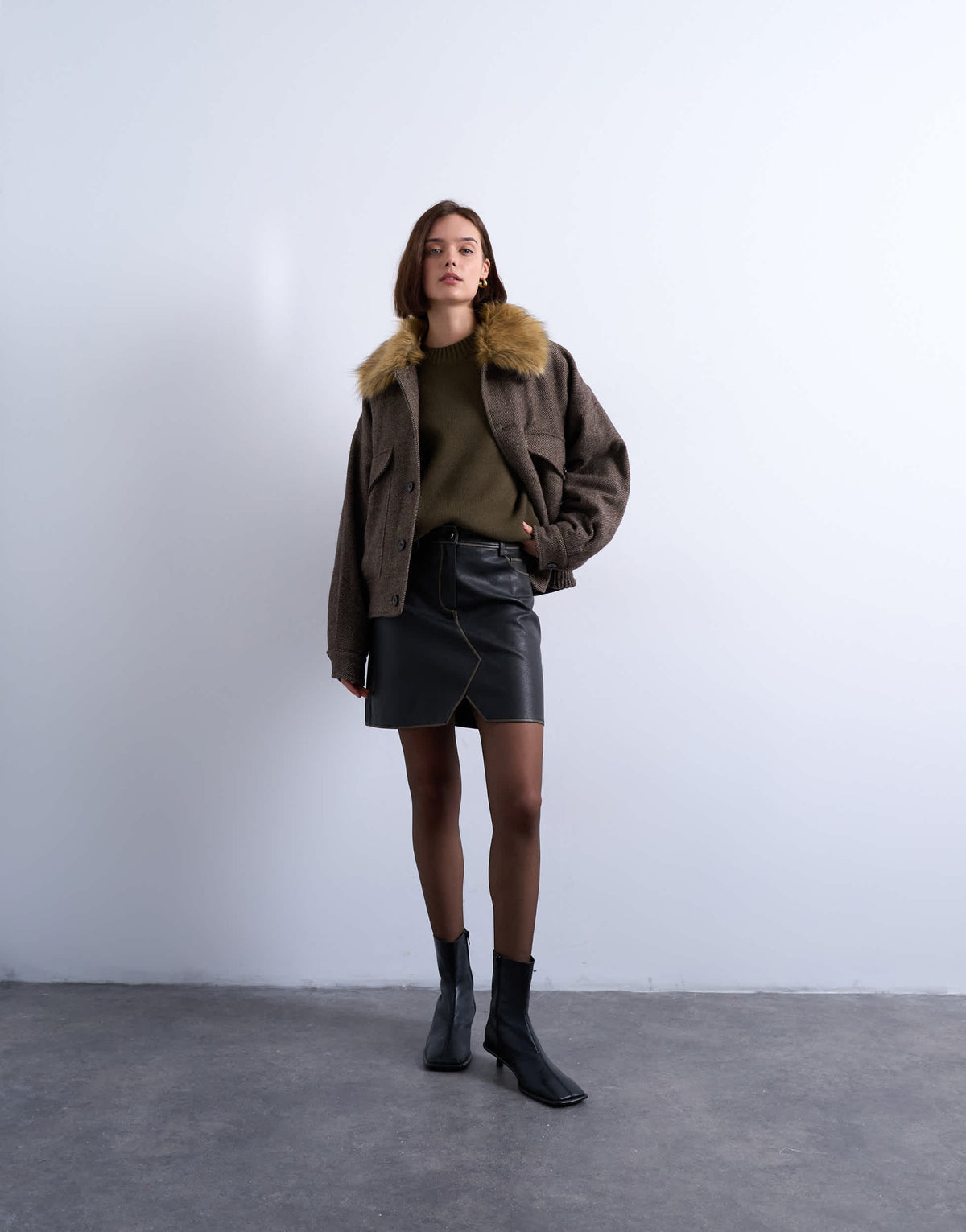 Topshop faux leather denim style v front mini skirt in washed dark brown