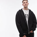 Topman oversized fit full zip hoodie in black