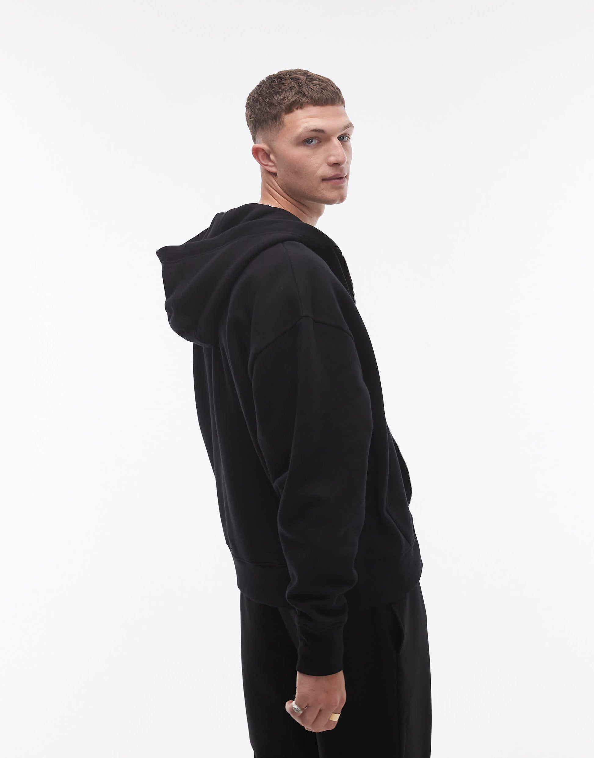 Topman oversized fit full zip hoodie in black