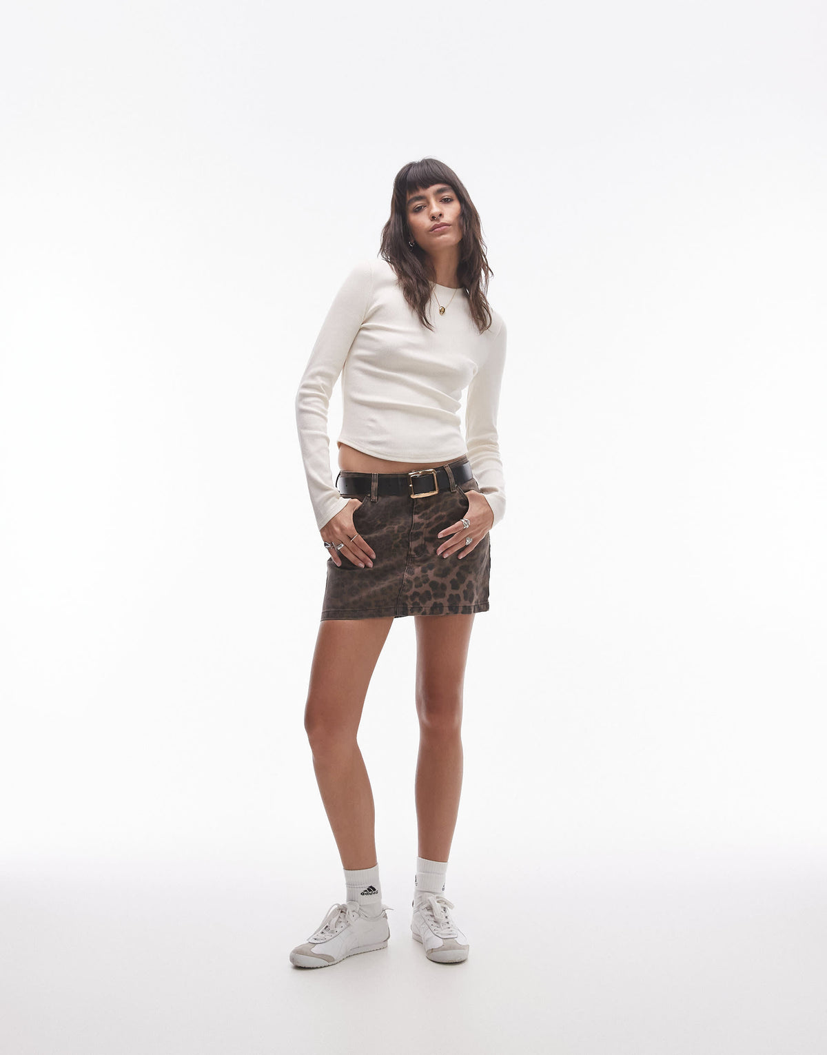 Topshop rib curve hem long sleeve tee in cream