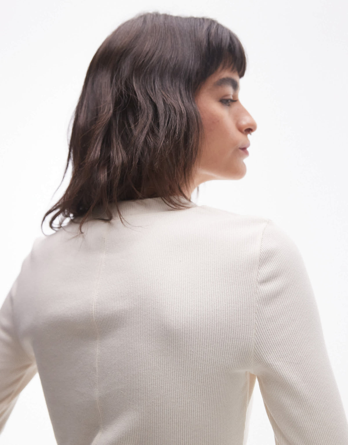 Topshop rib curve hem long sleeve tee in cream