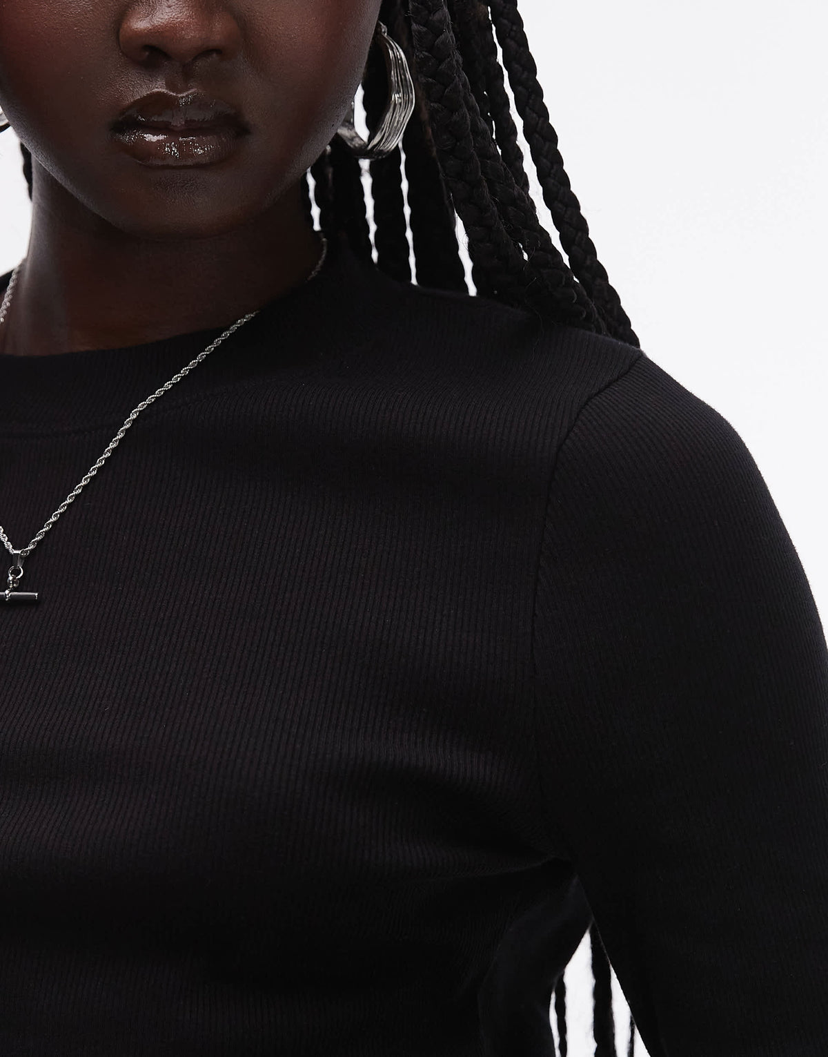 Topshop rib curve hem long sleeve tee in black
