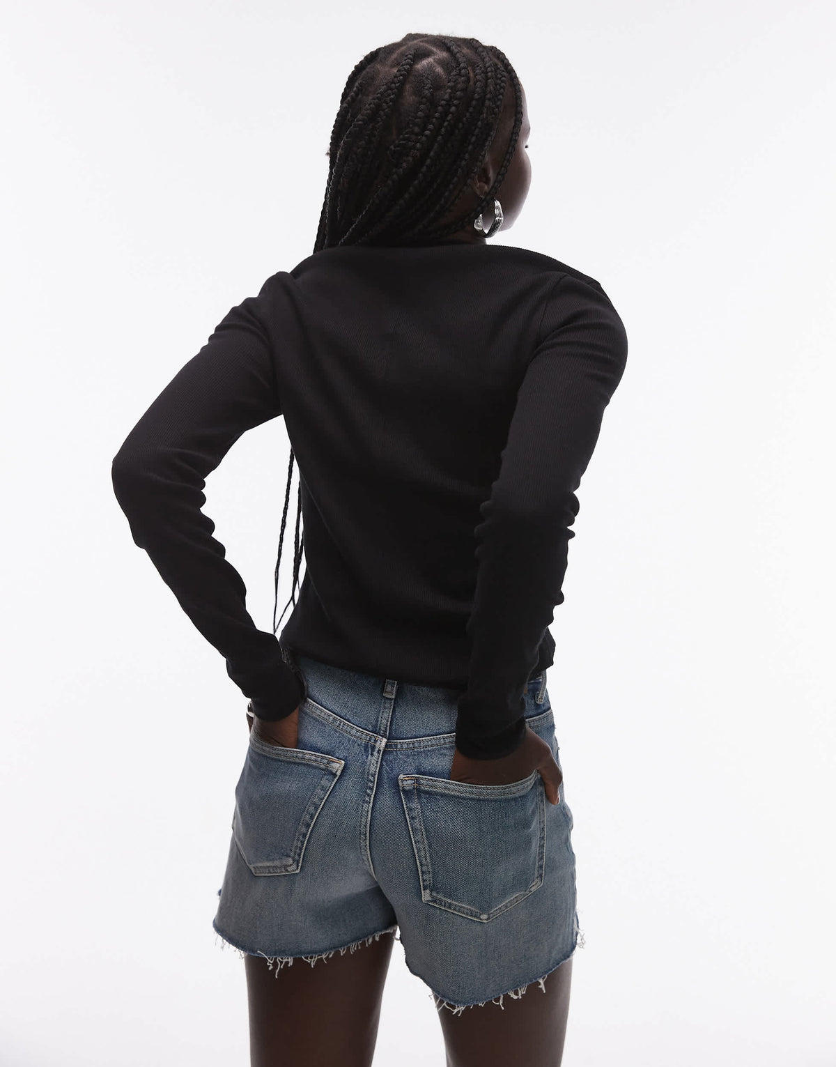 Topshop rib curve hem long sleeve tee in black