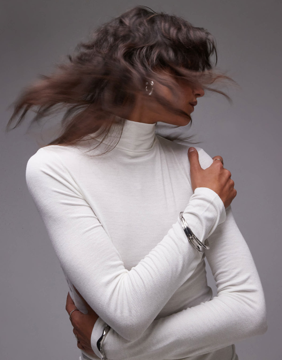 Topshop premium rib long sleeve funnel neck top in ecru