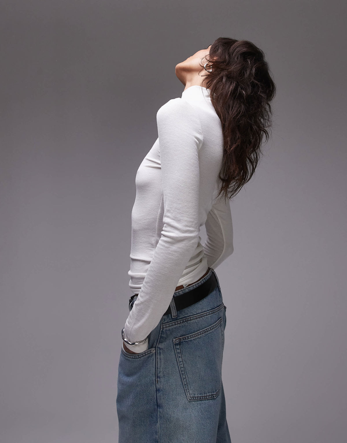 Topshop premium rib long sleeve funnel neck top in ecru
