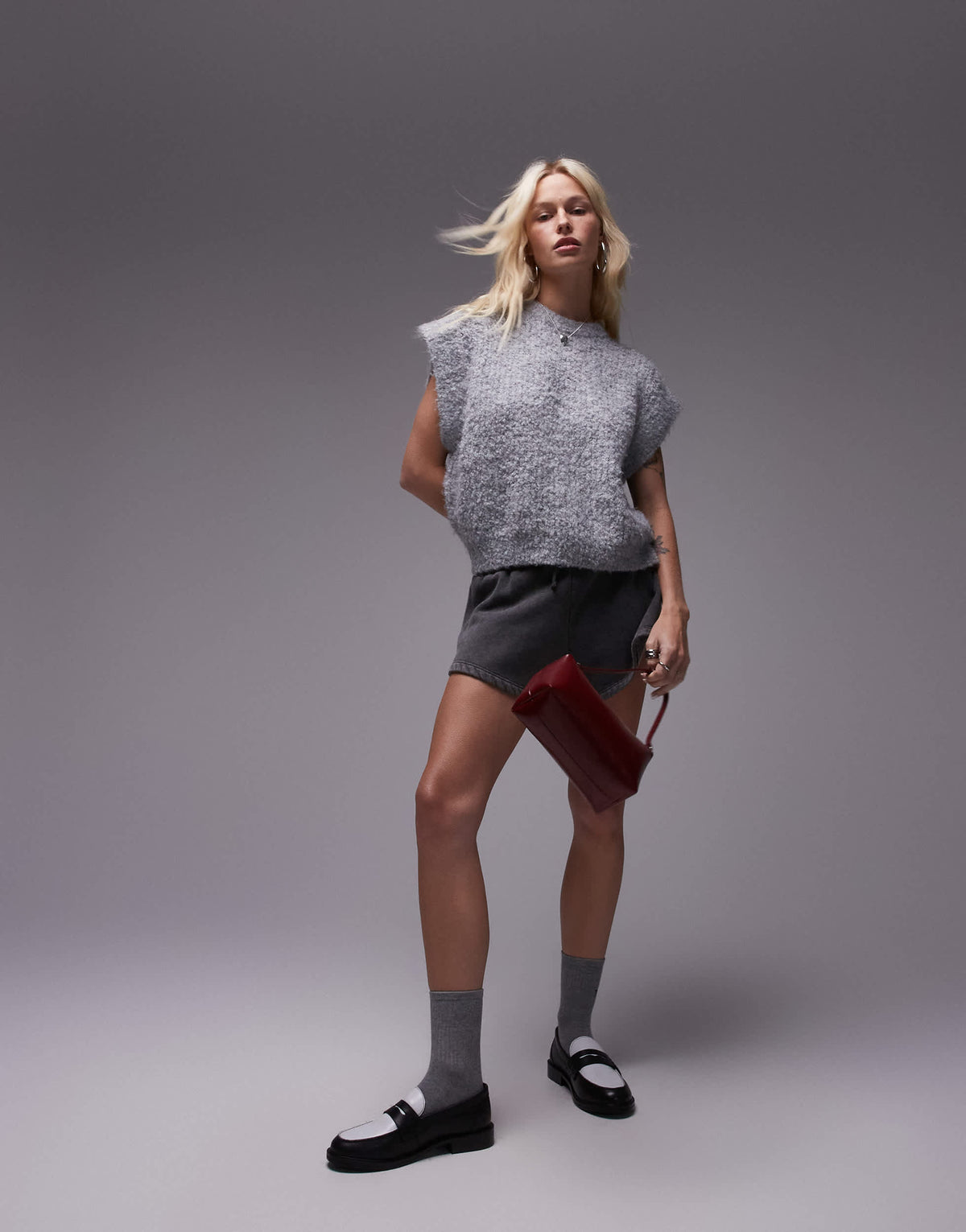 Topshop knitted crew boucle rib off shoulder relaxed vest in mid grey