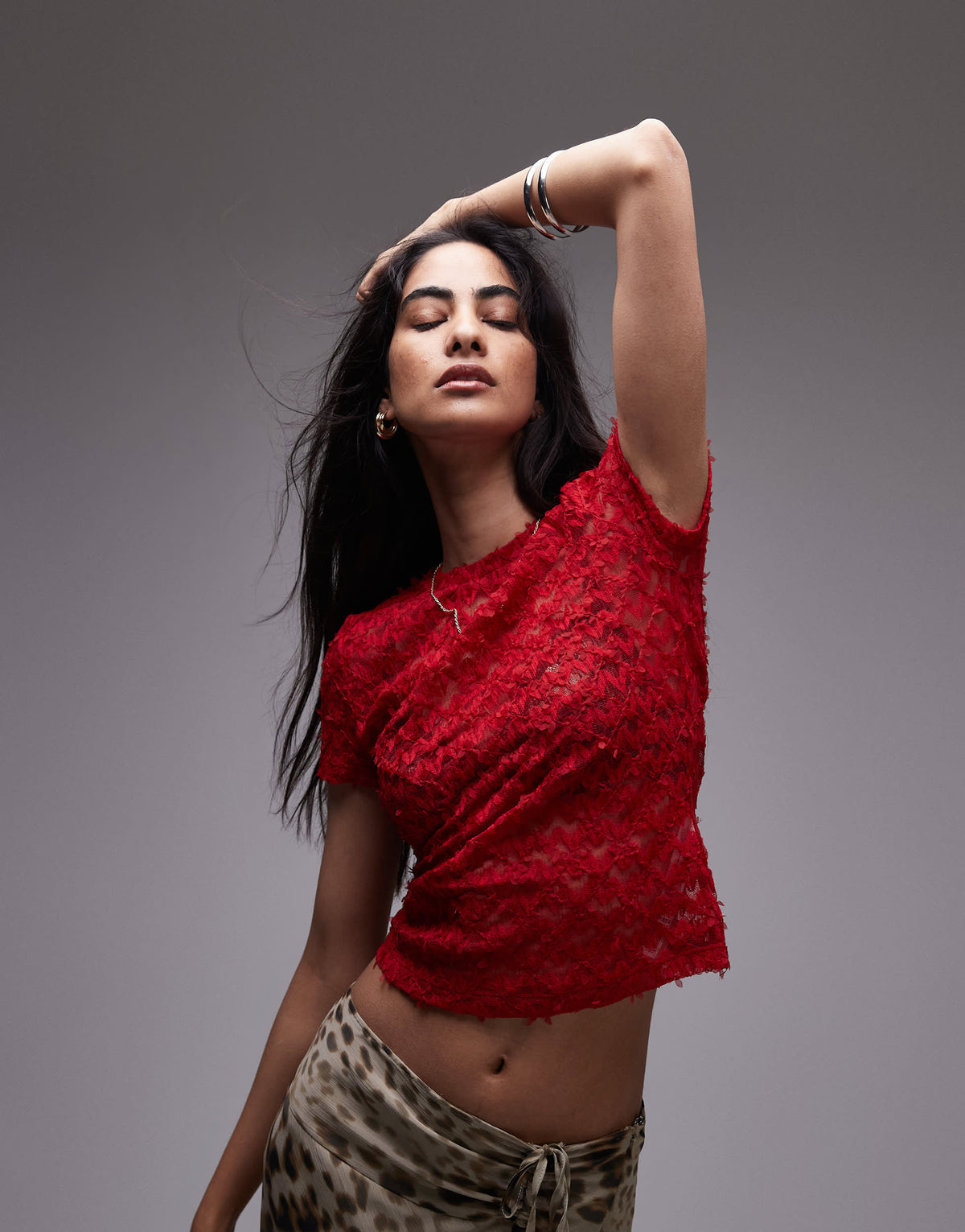 Topshop textured lace tee in red