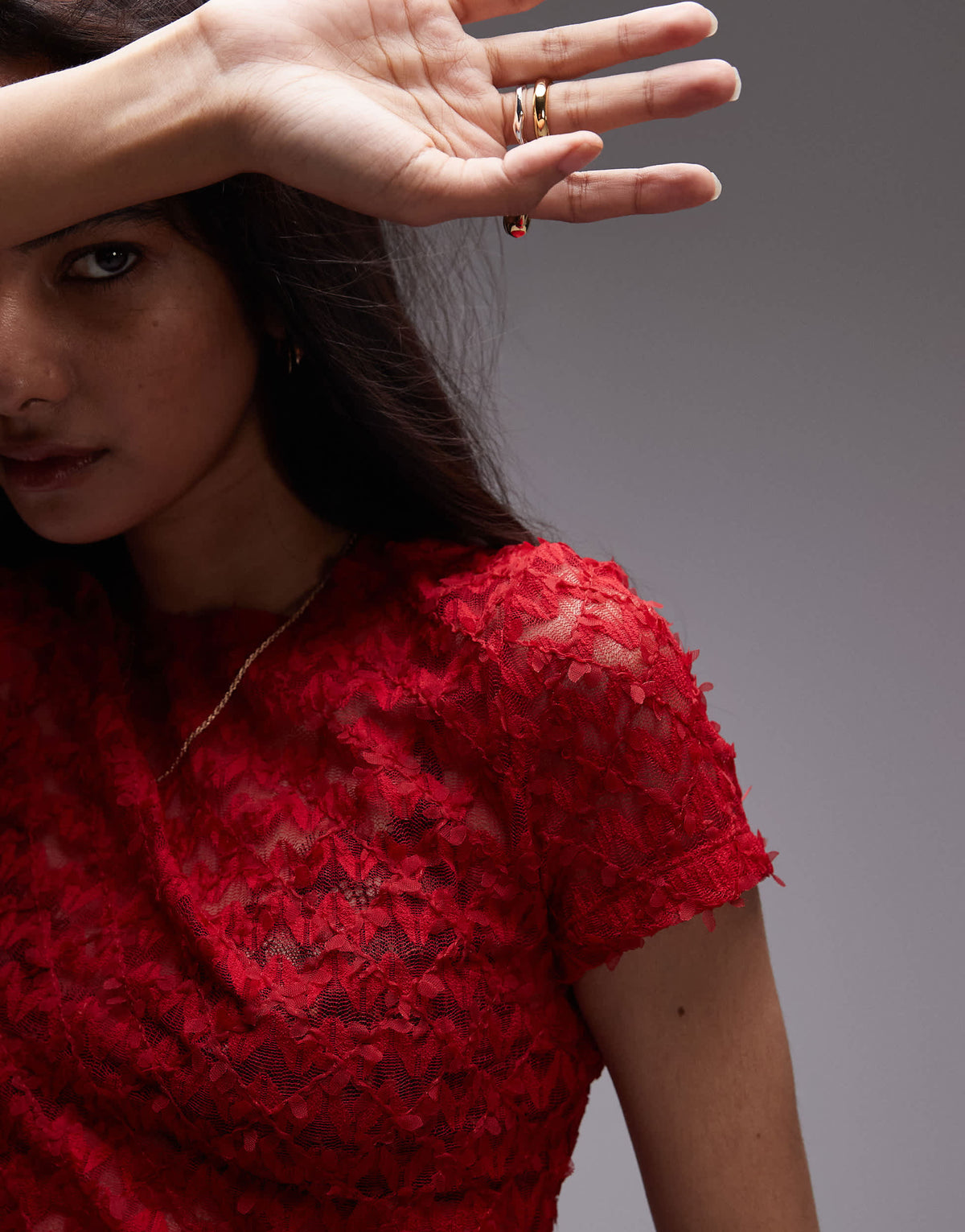 Topshop textured lace tee in red