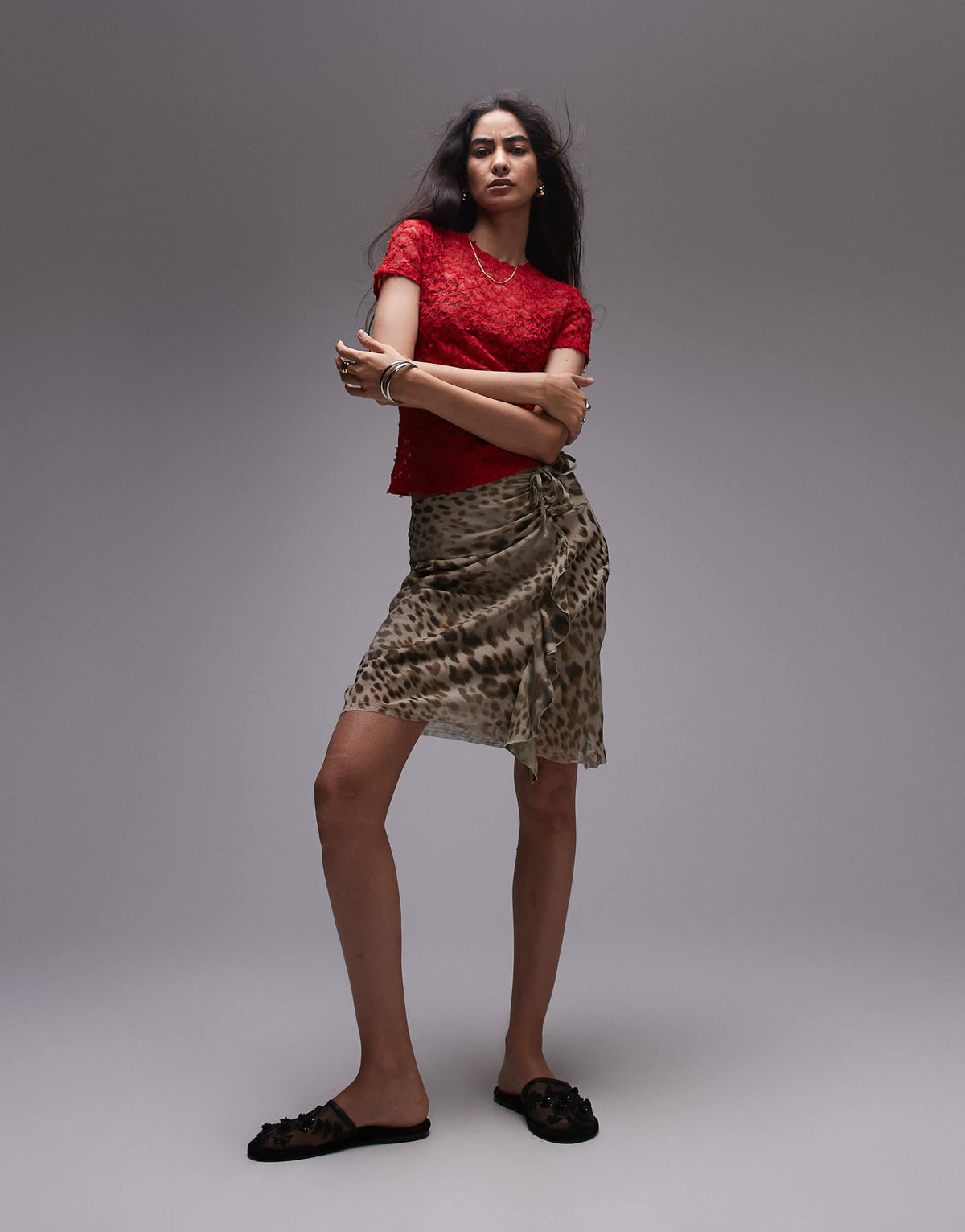 Topshop textured lace tee in red